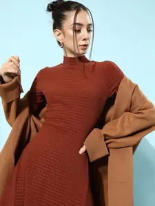 KASSUALLY Women Chic Brown Solid Knitted Dress