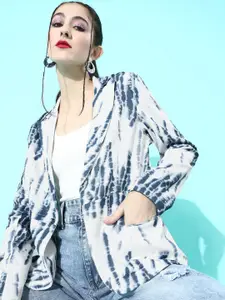 KASSUALLY Women Blue & White Tie-Dye Printed Single-Breasted Blazer