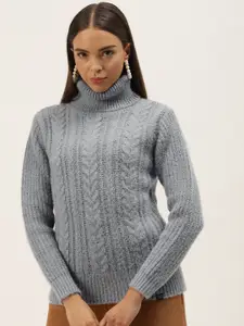 BROOWL Women Grey Melange Woollen Cable Knit Pullover