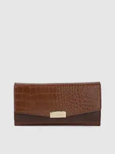 Lino Perros Women Tan Brown Croc Textured Long Three Fold Wallet