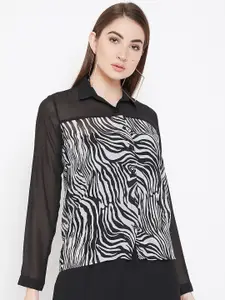 PURYS Women Black Zebra Stripes Sheer Printed Casual Shirt