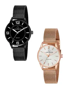 CARLINGTON Women Set Of 2 Stainless Steel Bracelet Style Straps Analogue Watches
