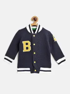 United Colors of Benetton Boys Navy Blue & White Stand Collar Front Open Sweatshirt