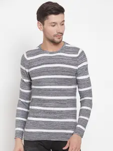 KLOTTHE Men Grey & White Striped Pullover Sweater