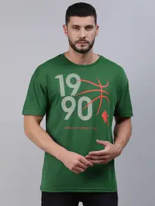 abof Men Green & Orange Varsity Printed Pure Cotton  T-shirt