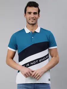 abof Men Blue & White Colourblocked Polo Collar T-shirt
