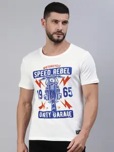 abof Men White & Blue Biker Printed Pure Cotton Casual T-shirt