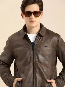 Being Human Clothing Men Brown Solid Lightweight Leather Jacket