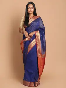 Indethnic Blue & Red Woven Design Maheshwari Saree