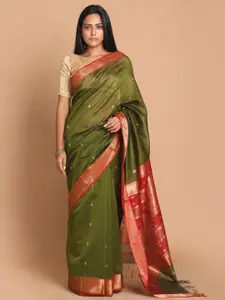 Indethnic Olive Green & Red Woven Design Zari Silk Cotton Maheshwari Saree