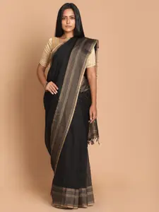Indethnic Black & Grey Zari Silk Cotton Maheshwari Saree
