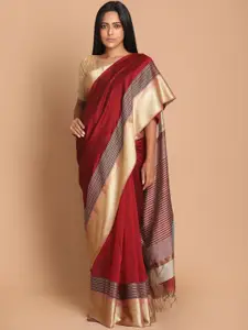 Indethnic Maroon & Gold-Toned Woven Design Zari Silk Cotton Maheshwari Saree