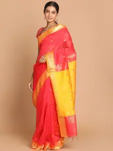 Indethnic Coral & Yellow Ethnic Motifs Zari Silk Cotton Maheshwari Saree