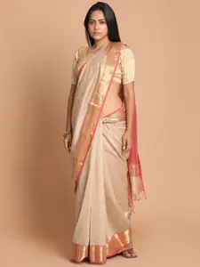Indethnic Cream & Red Woven Design Silk Cotton Saree