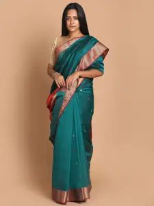 Indethnic Green & Gold-Toned Woven Design Zari Silk Cotton Maheshwari Saree