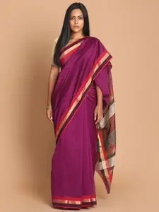 Indethnic Purple & Red Zari Silk Cotton Maheshwari Saree