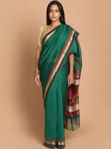 Indethnic Green & Red Zari Silk Cotton Maheshwari Saree