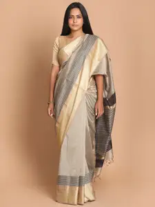 Indethnic Tan & Grey Zari Silk Cotton Maheshwari Saree