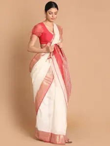 Indethnic White & Red Zari Silk Cotton Maheshwari Saree