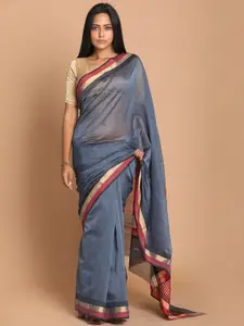Indethnic Grey Solid Maheshwari  Silk Cotton Saree
