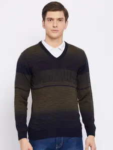 Duke Men Olive Green & Navy Blue Striped Woolen Pullover Sweater