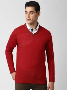 Peter England Casuals Men Red Solid Acrylic Pullover Sweater