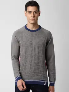 Peter England Casuals Men Grey & Blue Self Design Pure Cotton Pullover