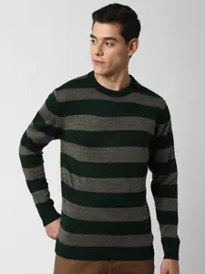 Peter England Casuals Men Green & Beige Striped Pure Acrylic Pullover Sweater