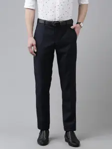 Park Avenue Men Navy Blue Solid Smart Regular Fit Mid-Rise Plain Woven Formal Trousers