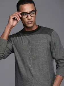 Raymond Men Grey & Black Colourblocked Cable Knit Detail Pullover Sweater