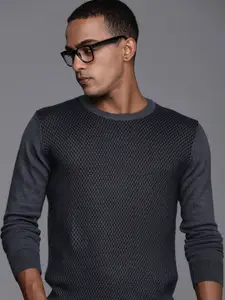 Raymond Men Navy Blue Self Design Pullover Sweater