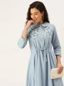 Flying Machine Blue Floral Embroidered Peter Pan Collar Cotton Tie-Ups Shirt Midi Dress