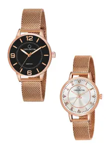 CARLINGTON Women 2 Pcs Embellished & Stainless Steel Bracelet Watches CT2002 & CT2013