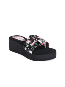 Picktoes Women Black & Pink Printed Flatform Heels with Bows