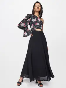 AND Black & Pink Floral Printed A-Line Dress