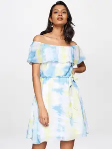 AND Women White & Blue Tie and Dye Off-Shoulder Fit & Flare Dress