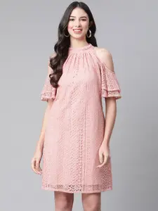 Cottinfab Women Pink Floral Lace A-Line Dress