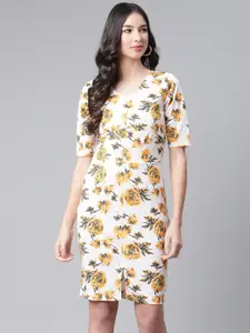 Cottinfab Women White & Yellow Floral Bodycon Dress