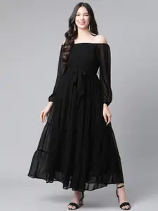 Cottinfab Women Black Off-Shoulder Georgette Maxi Dress