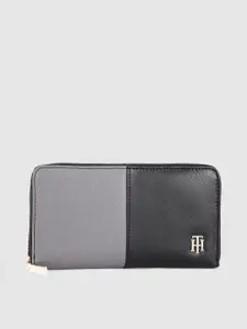 Tommy Hilfiger Women Grey & Black Colourblocked Leather Zip Around Wallet