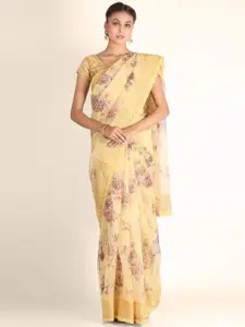 KAJREE Yellow & Purple Floral Beads and Stones Organza Block Print Saree