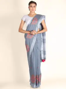 KAJREE Grey Floral Embroidered Pure Linen Saree
