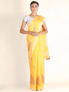 KAJREE Yellow & Green Ethnic Motifs Pure Linen Tussar Saree