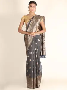 KAJREE Grey & Gold-Toned Woven Design Zari Pure Linen Tussar Saree