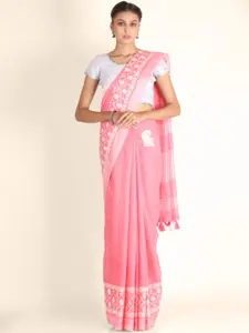 KAJREE Pink & White Ethnic Motifs Embroidered Pure Linen Tussar Saree