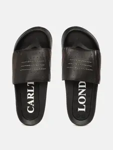 Carlton London sports Men Black Solid Sliders with Perforations