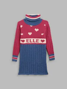 ELLE Girls Blue & Red Colourblocked Longline Pullover Sweater