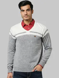 Raymond Men Grey & White Colourblocked Pullover