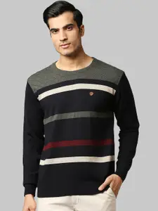 Raymond Men Blue, Green & white Striped Pullover sweater