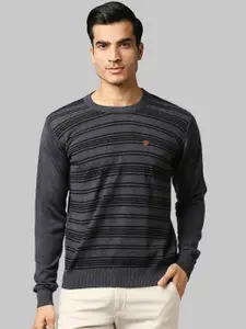 Raymond Men Grey & Black Striped Acrylic Wool Pullover